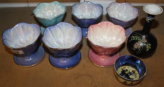 6 Maling lustre fruit dishes, bottle vase and a bowl